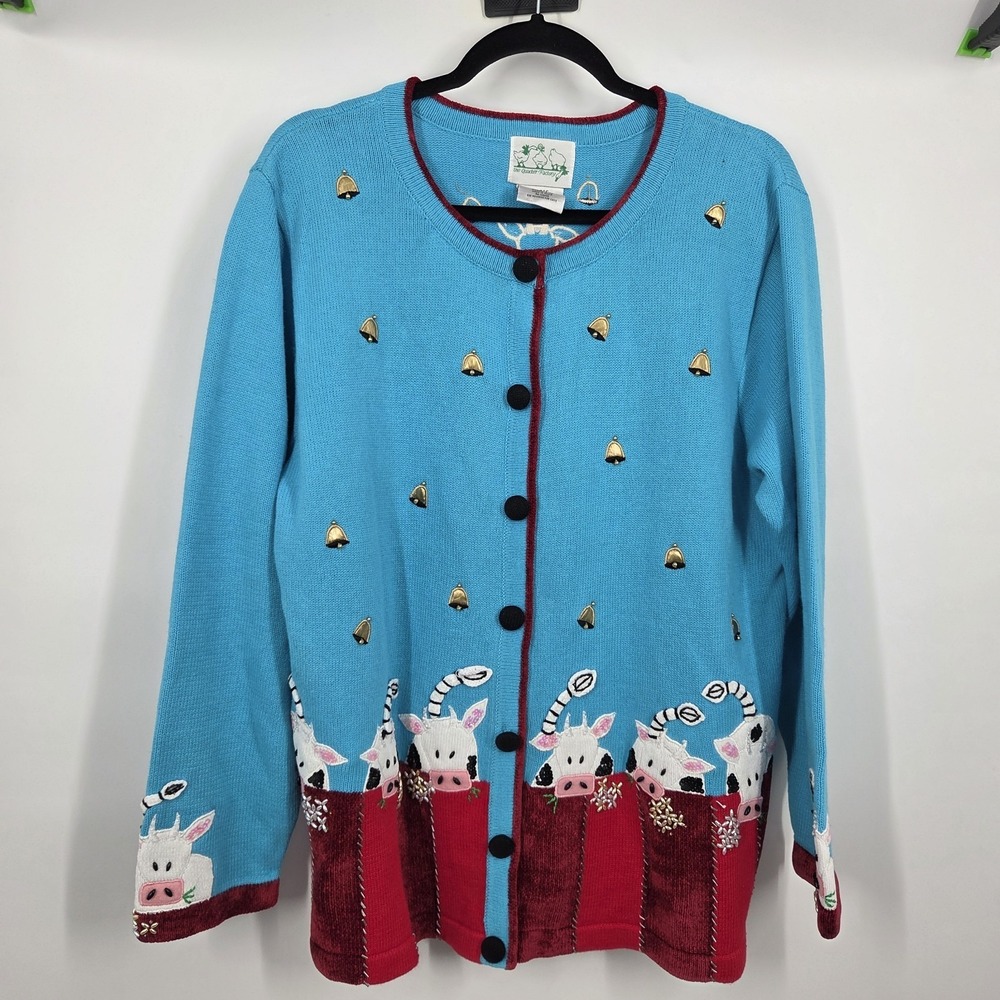 Quacker Factory Sz L COWS Art-to-Wear So Fun Cardigan Sweater Farm
